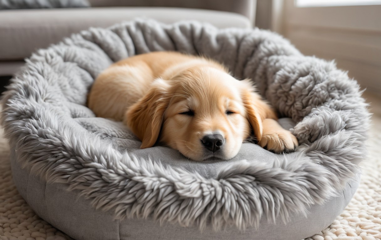 Welpe schläft zusammengerollt in einem kuscheligen Hundebett