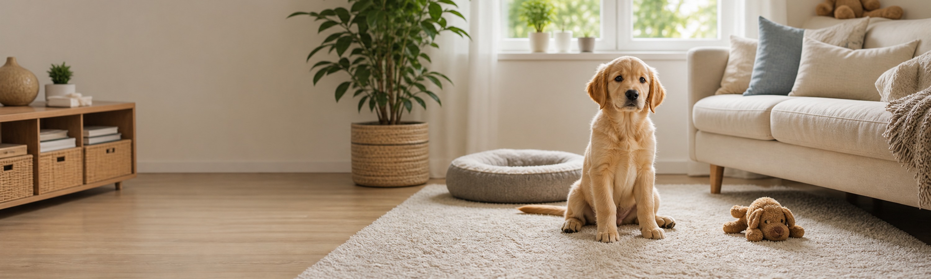 Welpe in einem hellen Wohnzimmer am ersten Tag im neuen Zuhause