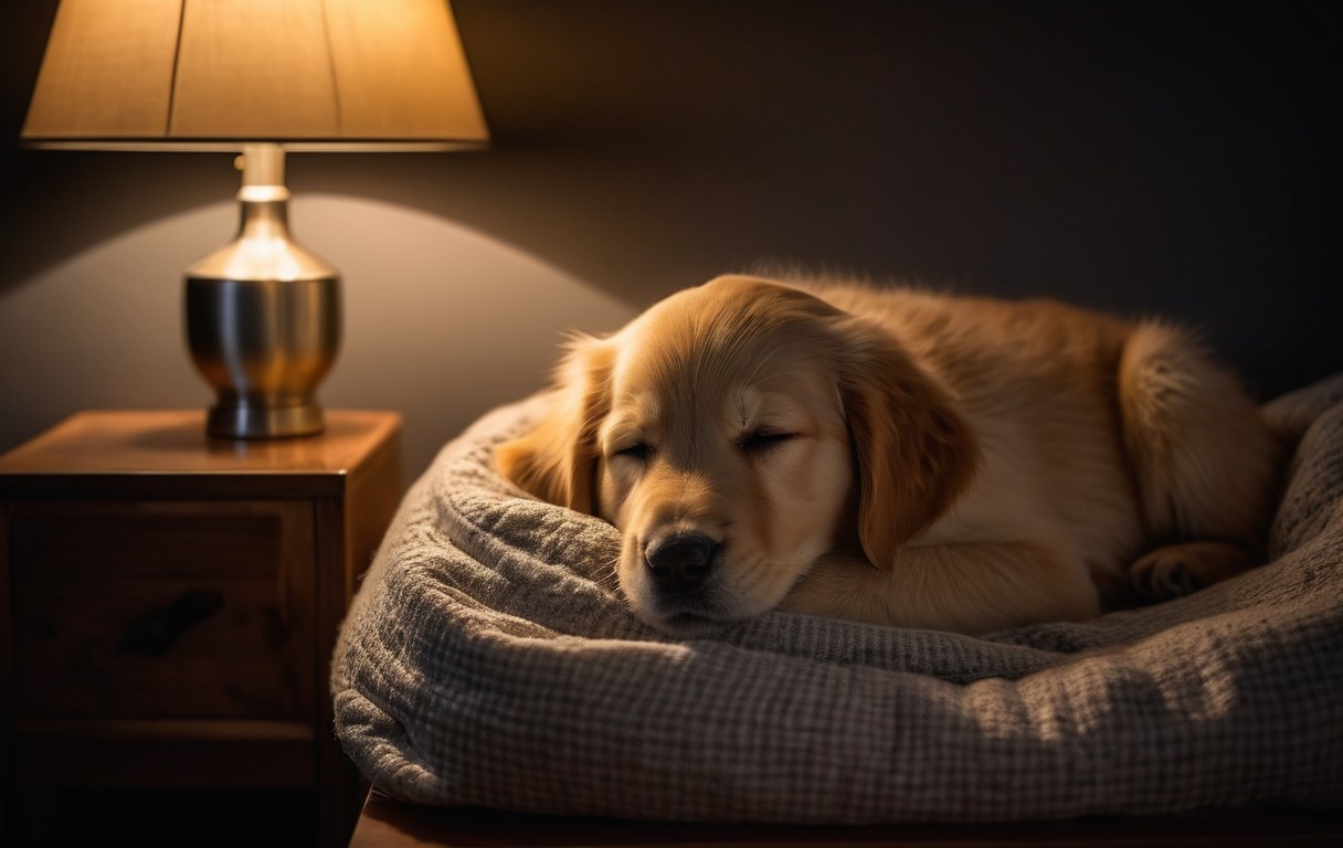 Golden-Retriever-Welpe schläft nachts in einem Hundebett bei warmem Lampenlicht