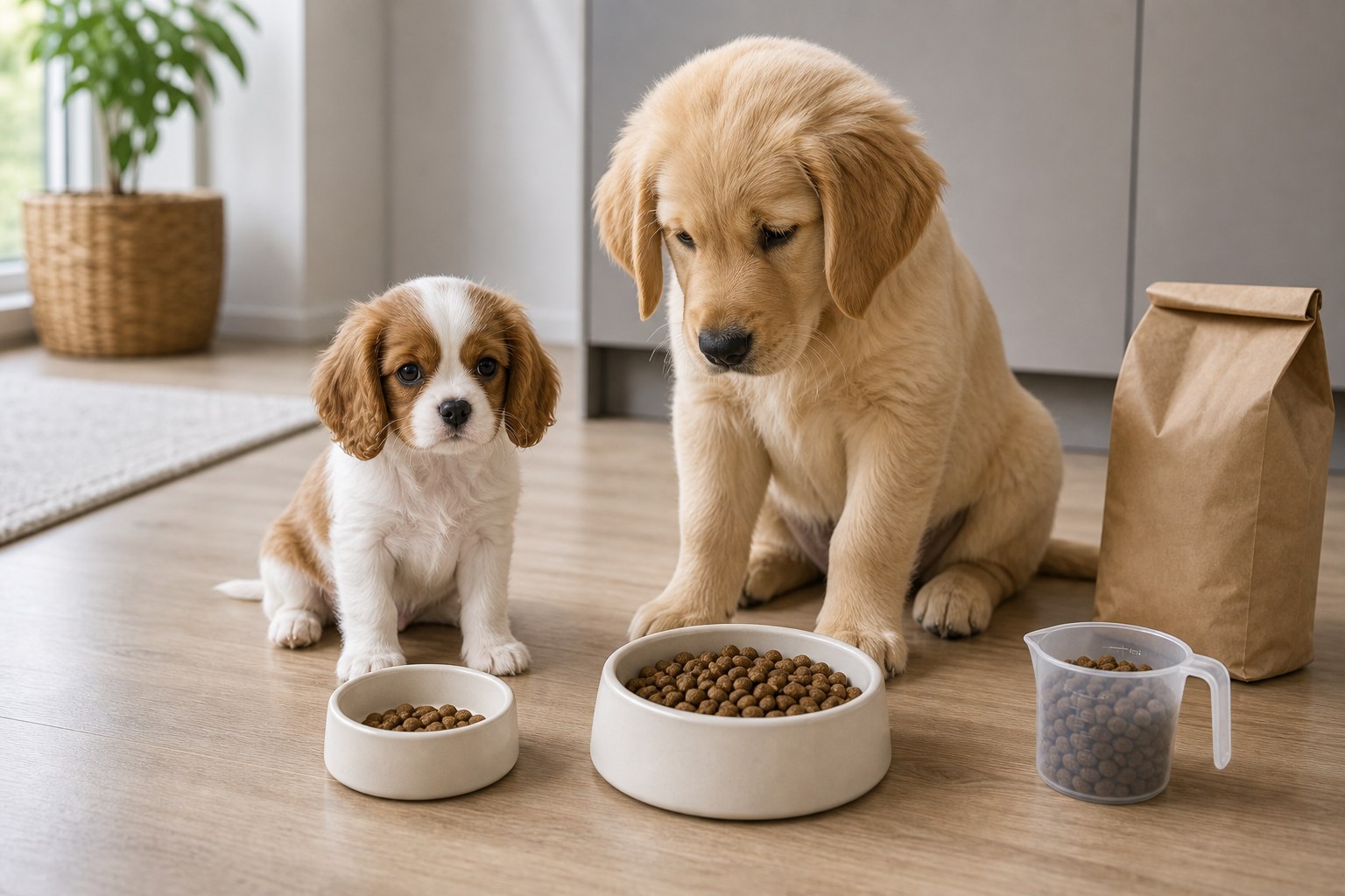 Kleiner und größerer Welpe mit unterschiedlich portionierten Futternäpfen